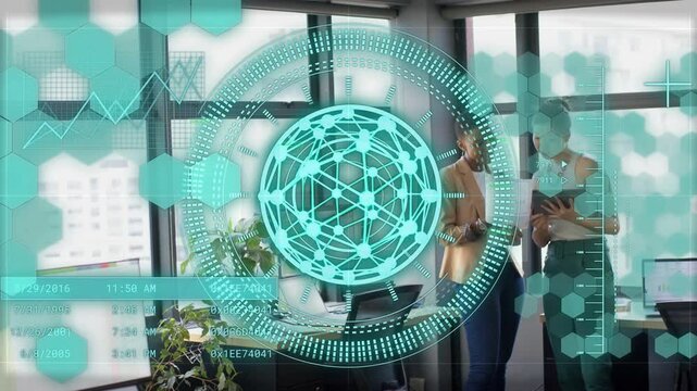 Two women confirming business metrics after overlay appearing and animating hex tiles around tablet