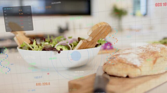 Camera pulling back, white salad bowl coming into focus while HUD overlays animating, showing salad