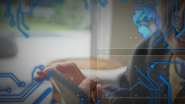Senior woman tapping smartphone near window, accessing digital data while tech UI and code reacting