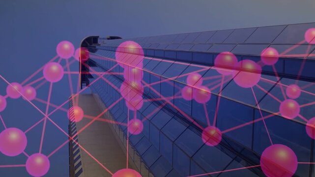 Magenta network appearing on first frame over glass tower, nodes shifting and pulsing to show links