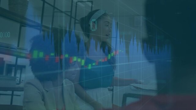 Lead presenting at laptop overlay appearing with chart and blue waveform, initiating market review
