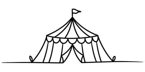 Black and white line art drawing of a circus tent with a flag on top for entertainment design and carnival themed projects Vector, illustration © Vector Line Drawing