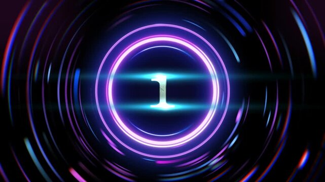 Neon countdown timer with glowing purple and blue numbers 1 to 3 on a dark background