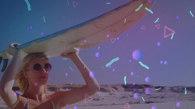 Surfer entering and steadying surfboard, preparing, animated shapes drifting over board for travel