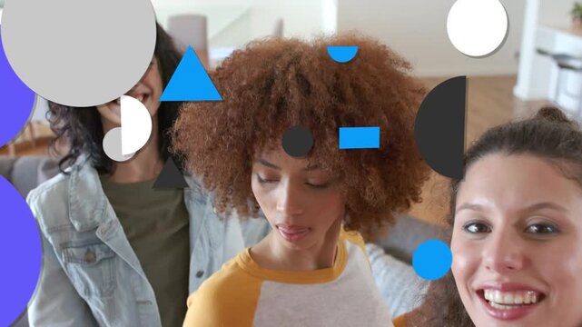 Handheld phone recording, three women posing, shapes appearing then layering over faces for content