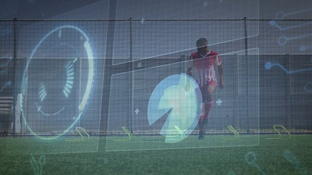 Male player running into frame, doing footwork on hurdles, AR HUD tracking soccer training data