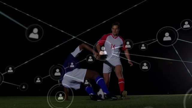 White player holding soccer ball, blue defender sliding in, sports network overlay growing, helping