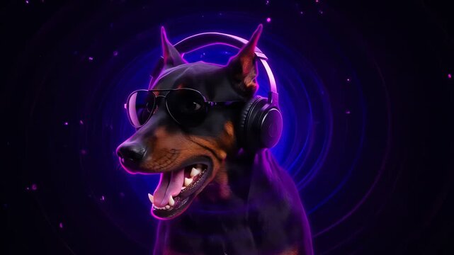 Cool Doberman Pinscher Wearing Sunglasses and Headphones Neon Art