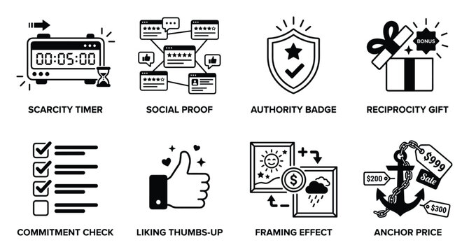 Collection of eight icons representing marketing strategies and psychological triggers for business growth and sales.