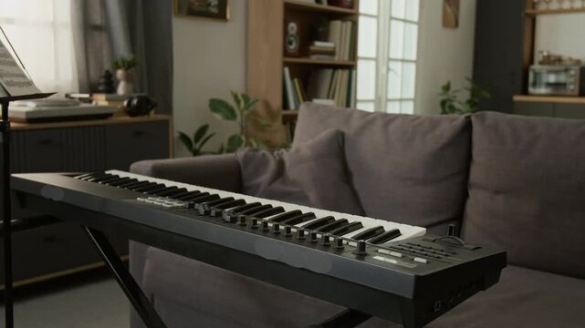 Close up shot of electric keyboard by sofa in empty studio apartment interior, ready for recording or music lesson, no people, copy space Ideal for music lesson advertisements