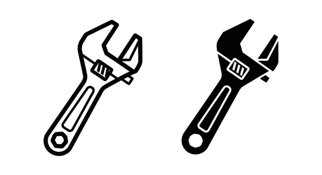 Adjustable wrench icon set vector illustration of a spanner tool in outline and solid style