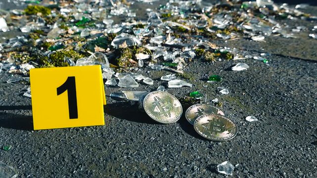 Bitcoin Coins at a Crime Scene with Evidence Markers, Bokeh Background