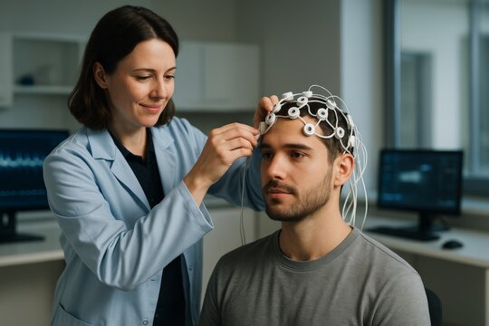 Female scientist adjusting EEG cap on male patient in neuroscience lab with EEG data on monitor in background during brain activity test.. Ai generative