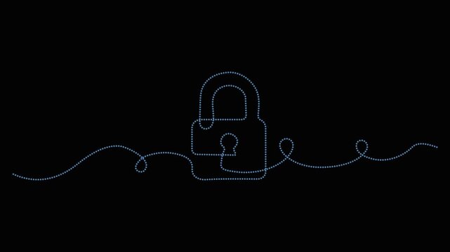 Minimalist 4K animation of a blue dotted line forming a padlock icon. Ideal for cybersecurity, privacy, and data protection concepts.