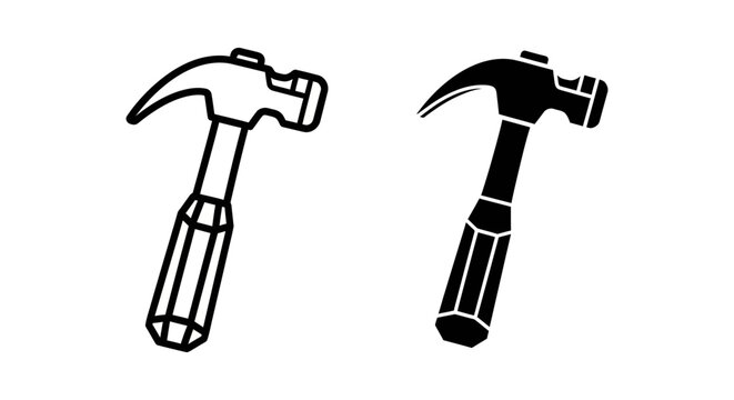 Set of hammer icons, outline and silhouette style, vector illustration of a claw hammer tool