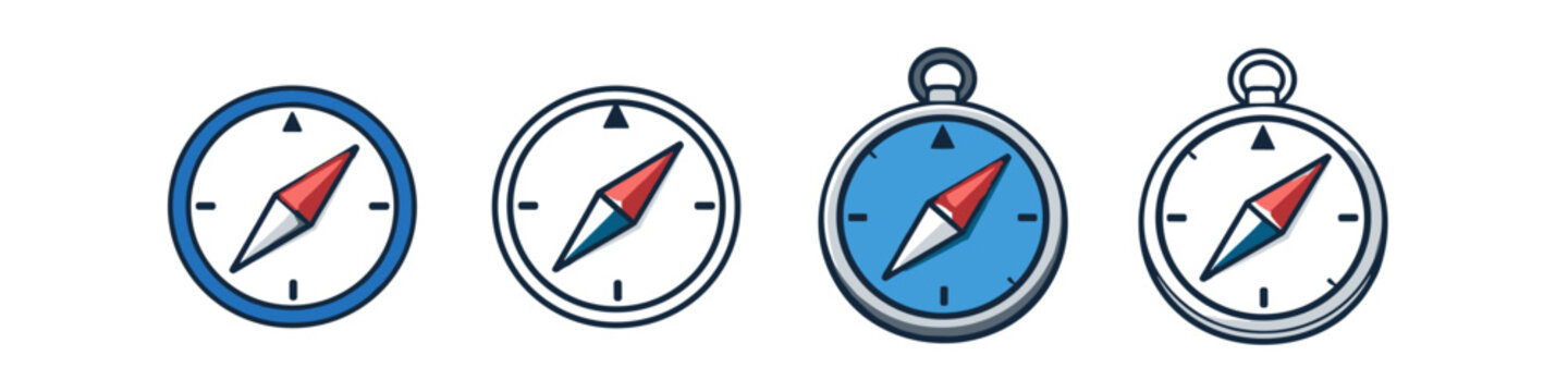 Collection of four different compass icons showing direction and navigation tools