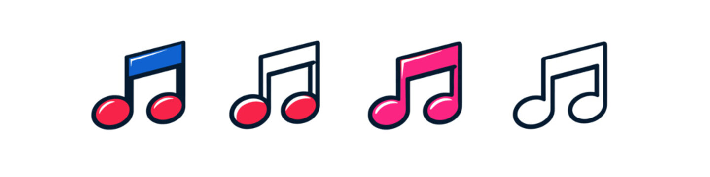 Set of four colorful musical notes, simple flat design with outlines