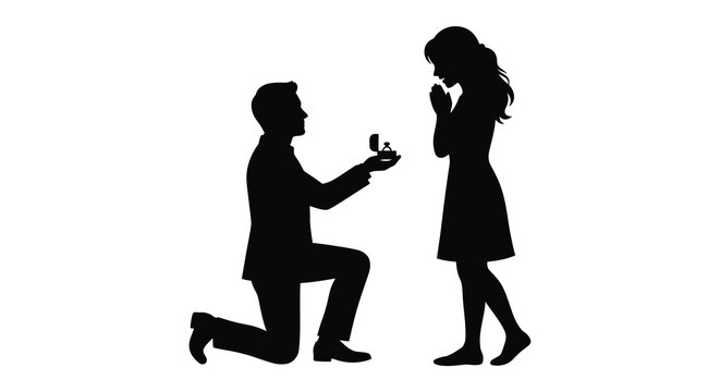 Silhouette of a man proposing to a woman romantic gesture