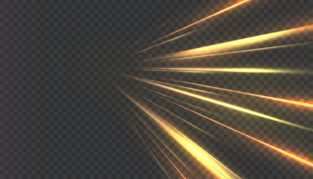Golden rays of light with a perspective motion effect and glowing lines. A vector energy flow effect for racing, background, and dynamic overlays.