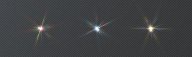 Bright multicolor star flares with sharp rays and soft glowing highlights. Vector sparkle effect for magic overlays, festive designs and light accents. © Valeriia