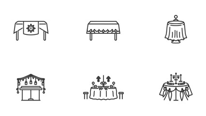 Naklejka premium Elegant table outline: A set of six delicate table outlines, each draped with unique cloths, represent the essence of dining and decoration in minimalist fashion.