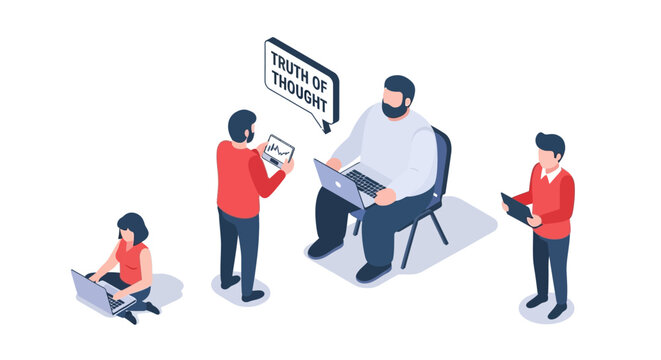 Isometric Illustration of People Collaborating on a Project with Technology.