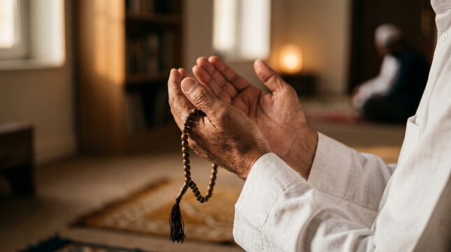 Muslim man praying with tasbih in mosque, close up hands in dua, spiritual Islamic worship and devotion