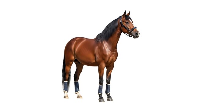 Brown horse with black mane, standing on white background