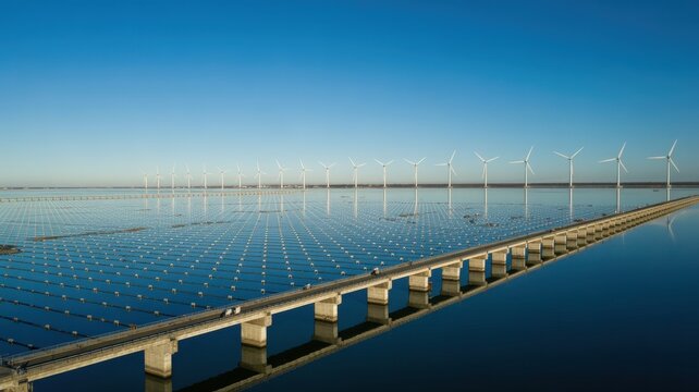 Aerial View of a Large-Scale Offshore Wind and Solar Power Farm on Water with a Long Bridge and Clear Blue Sky