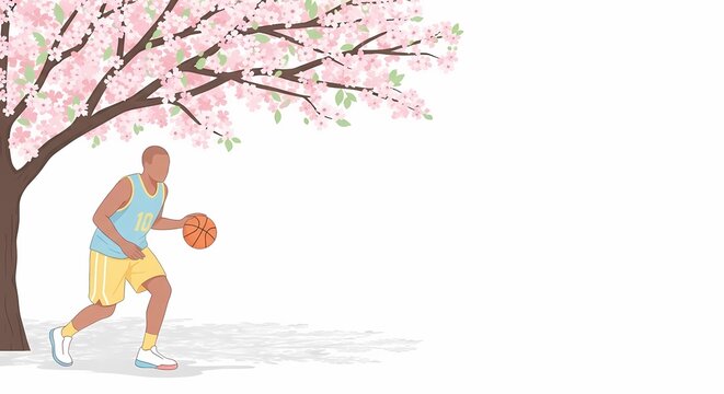 Man plays basketball under a cherry blossom tree outdoors