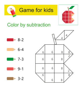 Coloring pages. Color by subtraction. Vector illustration for children education. Eaten apple