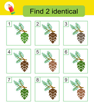 Fun puzzle game for kids. Need to find two identical pine cones. Answer is 4,8.