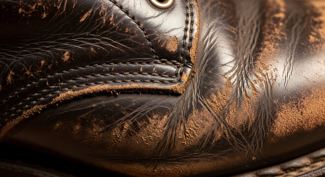 Close-up of a detailed leather shoe with intricate stitching and textures.