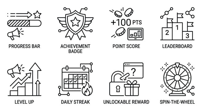 Gamification elements icons progress bar achievement badge point score leaderboard level up daily streak unlockable.
