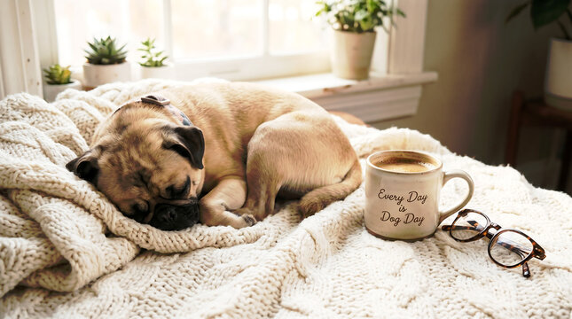 A cute pug dog peacefully sleeps on a cozy knitted blanket near a coffee.