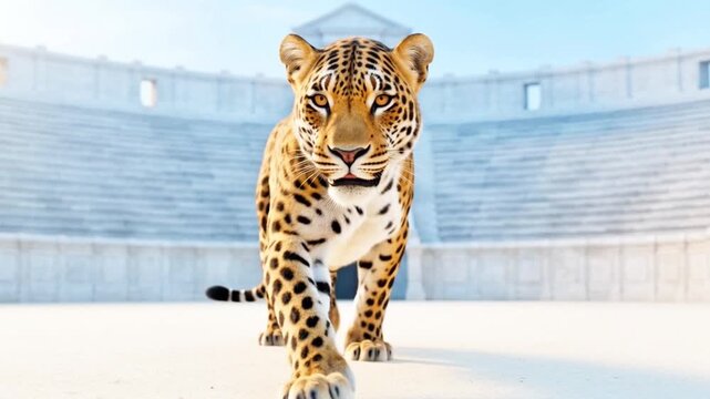 Leopard Walking Towards Camera in Ancient Roman Arena