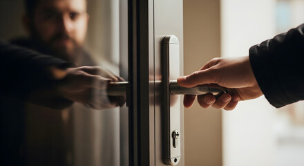 Obraz premium A person's hand reaching for a door handle suggesting entry or exit