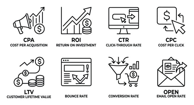 Marketing metrics icons for CPA ROI CTR CPC LTV bounce rate conversion open email rate.