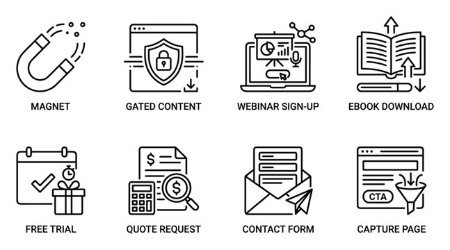Marketing lead generation icons magnet gated content webinar sign up ebook download free trial.