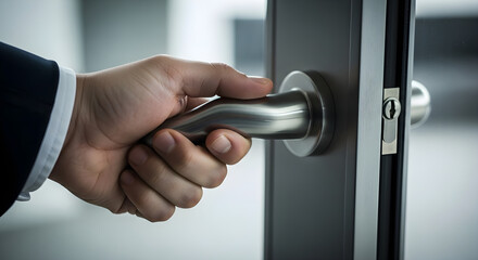 Obraz premium A hand turning a door handle suggesting entry or exit from a building