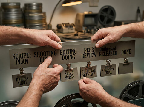 Hands collaborating on a film production workflow board, marking stages from script to done
