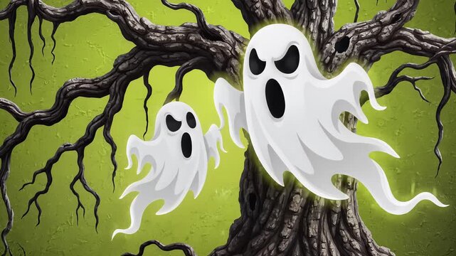 Spooky Ghost Emerging from a Haunted Tree on Halloween Night.