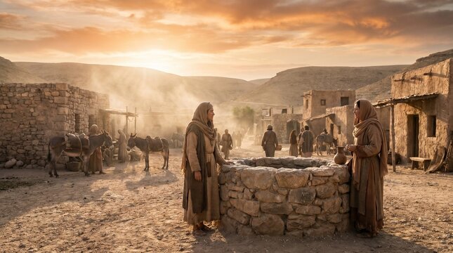 Two biblical women talking by a stone water well in an ancient dusty village at sunset in the Holy Land