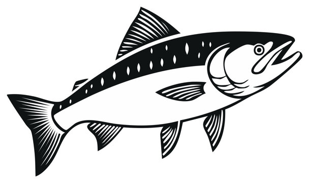 Bold black and white graphic illustration of a trout or salmon fish