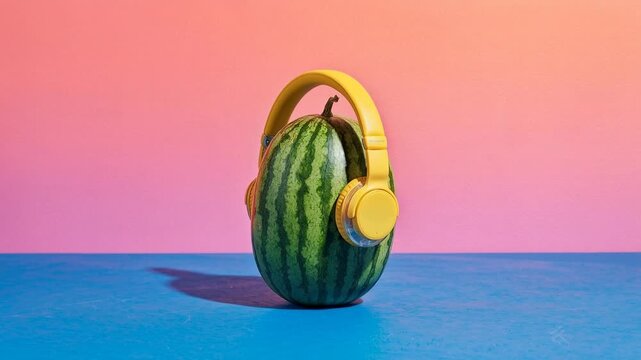 Watermelon wearing headphones on a blue surface with a pink background