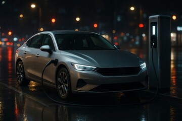 Fototapeta premium Electric vehicle charging at station during rainy night with city lights in background, showcasing sustainable transport concept. Ai generative
