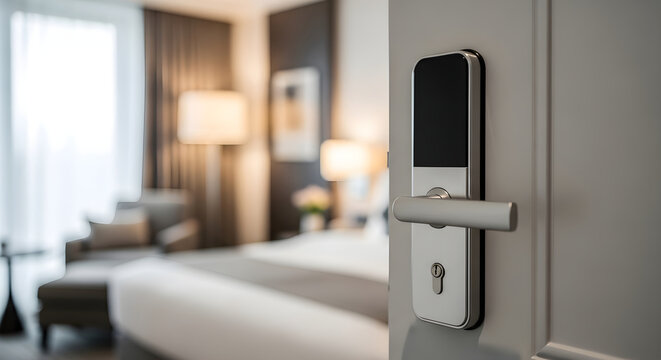 Modern hotel room door with electronic lock and interior view