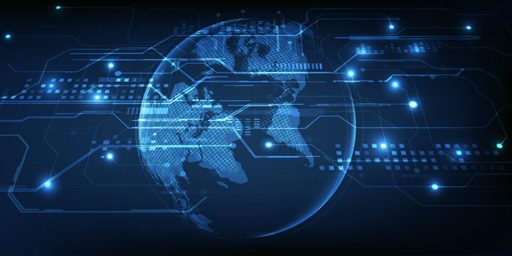 Vector illustrations of neon blue globe with hi tech circuit board network.Abstract blue futuristic technology background.