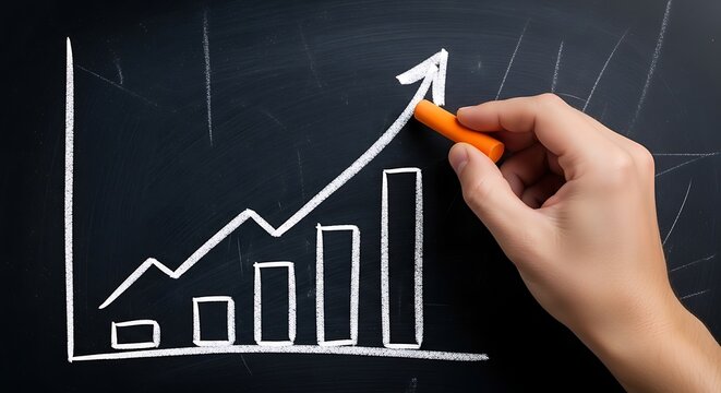 Hand drawing increasing business graph on blackboard with orange chalk
