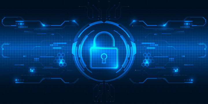 Vector illustrations of cyber security background with tech circle padlock,hi tech elements and circuit tech frame.